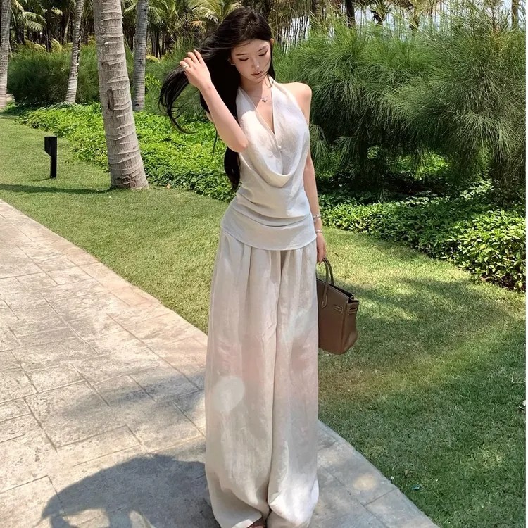 春夏2025法式高级感慵懒气质高级感无袖上衣女休闲阔腿裤两件套装