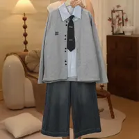 女大童秋装三件套洋气青少年初中生学院风针织开衫衬衫牛仔裤套装