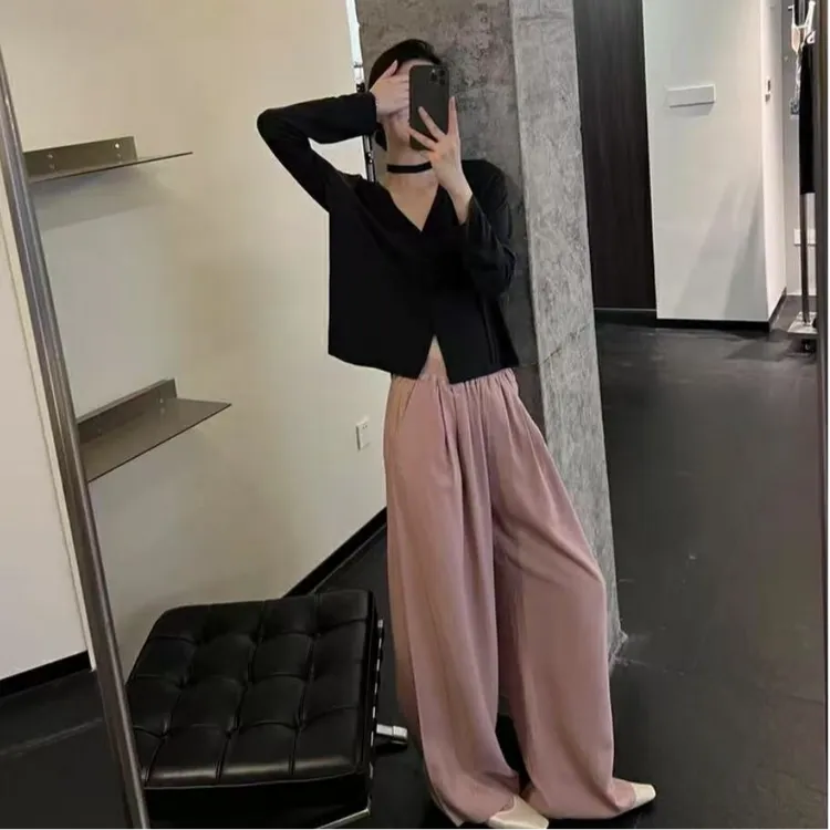 薄料休闲裤女2025夏抽绳宽松阔腿裤垂感拖地裤长裤