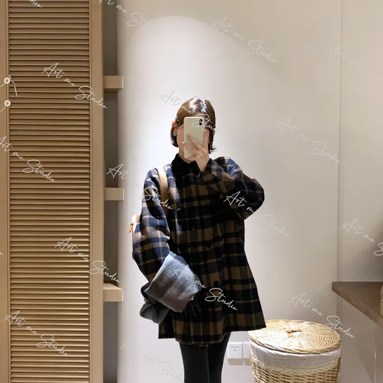 【ART ME】绵羊毛英式庄园交织纹路慵懒贵气格纹长短款大衣w24685