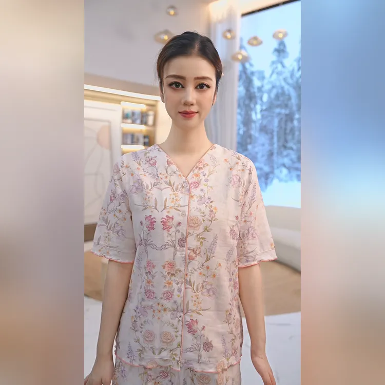 秋鹿RC梭织印花V领五分袖九分裤女套睡衣春秋女季时尚睡衣