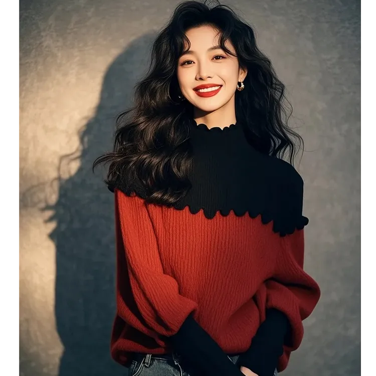冬季红黑拼色针织内搭打底衫奶fufu慵懒风高级感超好看毛衣女秋冬
