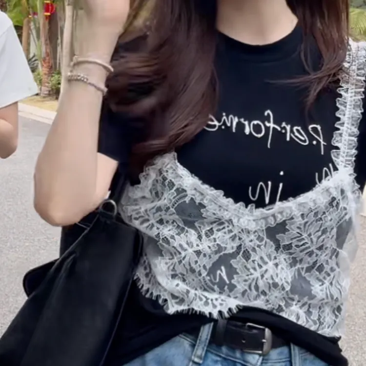 珍珠字母蕾丝拼接上衣2025新款春夏气质时尚高级感设计感短袖T恤