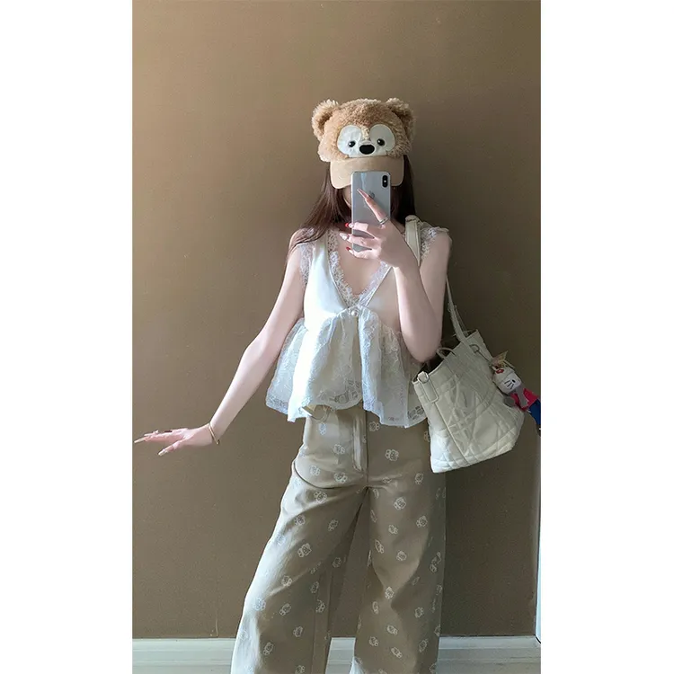 套装女2025早春新款法式甜美蕾丝背心无袖上衣高腰印花休闲阔腿裤