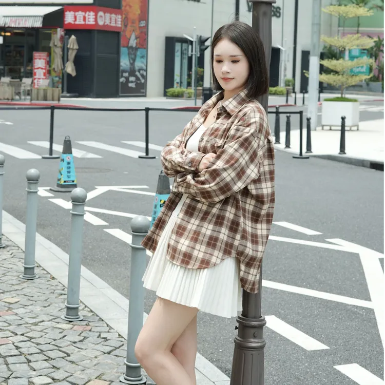 EMMA WINI奢品磨毛抗皱免打理厚款秋冬季格子外套女宽松衬衫长袖