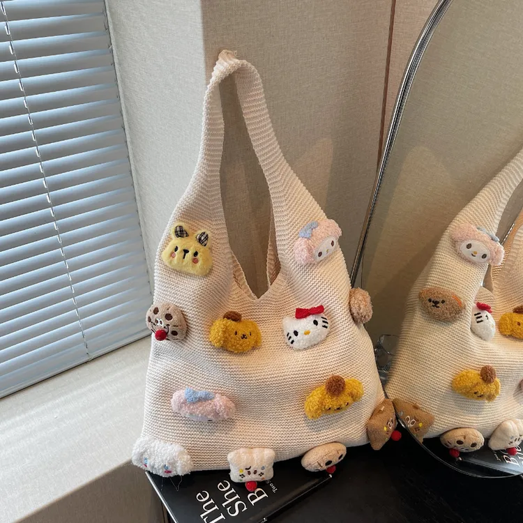 卡通甜美单肩松弛感毛线针织包包女2025新款手拎简约大容量托特包