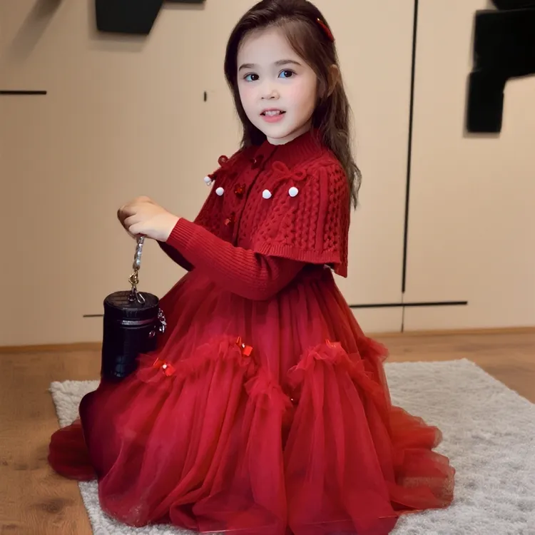 女童红色公主裙冬装2025新款儿童韩版针织披肩网纱连衣裙秋冬季