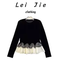 【Lei Jie】下摆拼接圆领长袖植绒上衣8542