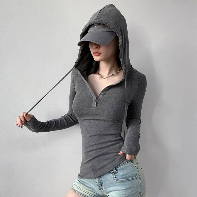 极简风设计感小众半开领连帽t恤女长袖秋季薄款修身显瘦上衣内搭