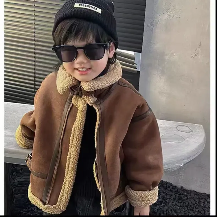 咖色皮毛一体皮衣加绒加厚麂皮绒2024男童女童洋气时尚软糯保暖衣