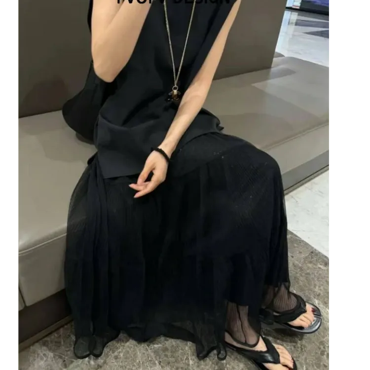 欧若风重工压皱拼接网纱半身裙女2025春夏新款高腰显瘦黑色伞裙