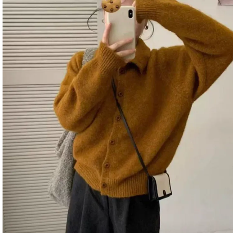 韩系设计感立领软糯毛衣开衫女2025秋冬新款宽松落肩长袖针织外套