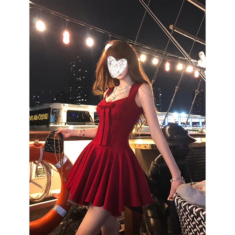 法式公主裙蝴蝶结无袖收腰连衣裙女千金感气质红色吊带短裙子夏季