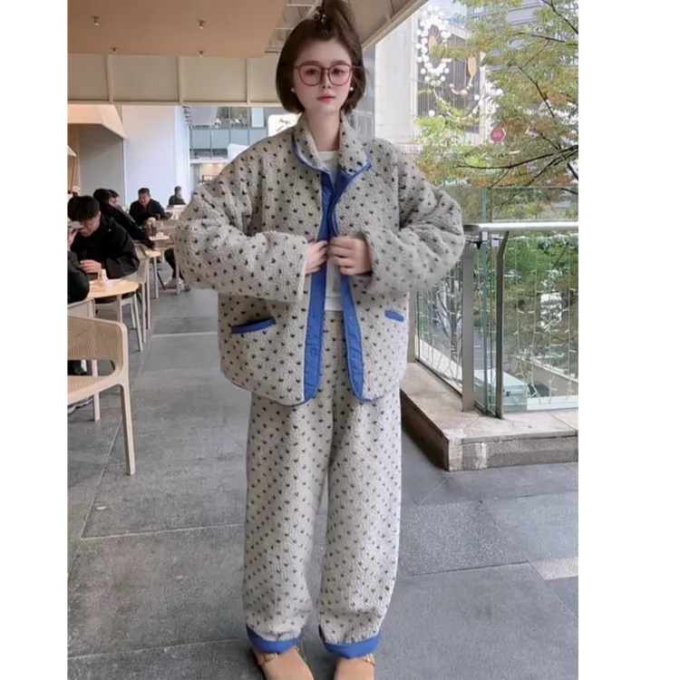 加厚羊羔绒波点睡衣女套装可外穿2025冬季保暖两面穿家居服两件套