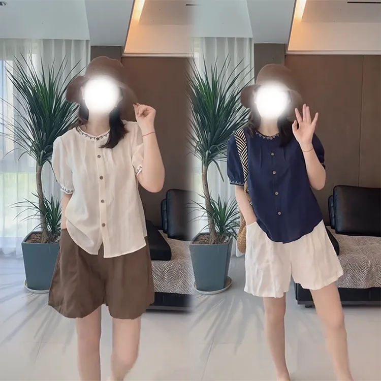 2025夏季薄款时尚高级感圆领衬衫女小个子显瘦减龄休闲短裤两件套