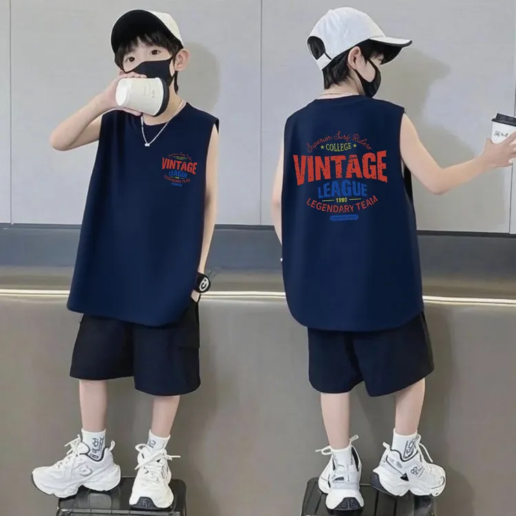 纯棉无袖背心短裤男童套装中大童宽松圆领儿童运动篮球酷帅两件套