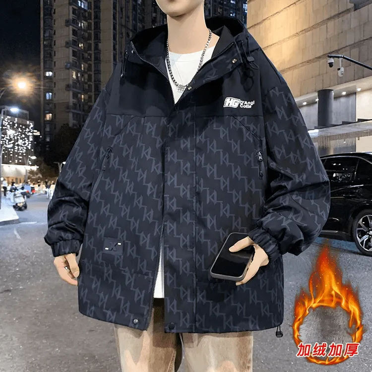 秋冬新款连帽加绒加厚外套男青少年学生潮流休闲夹克宽松冲锋衣男