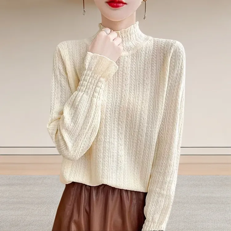 蕾丝打底衫春秋宽松女士百搭镂空洋气纯色上衣秋冬半高领套头内搭