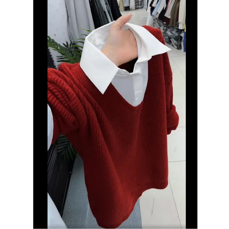 跨年洋气polo领假两件拼接红色毛衣女大码减龄圣诞穿搭气质针织衫
