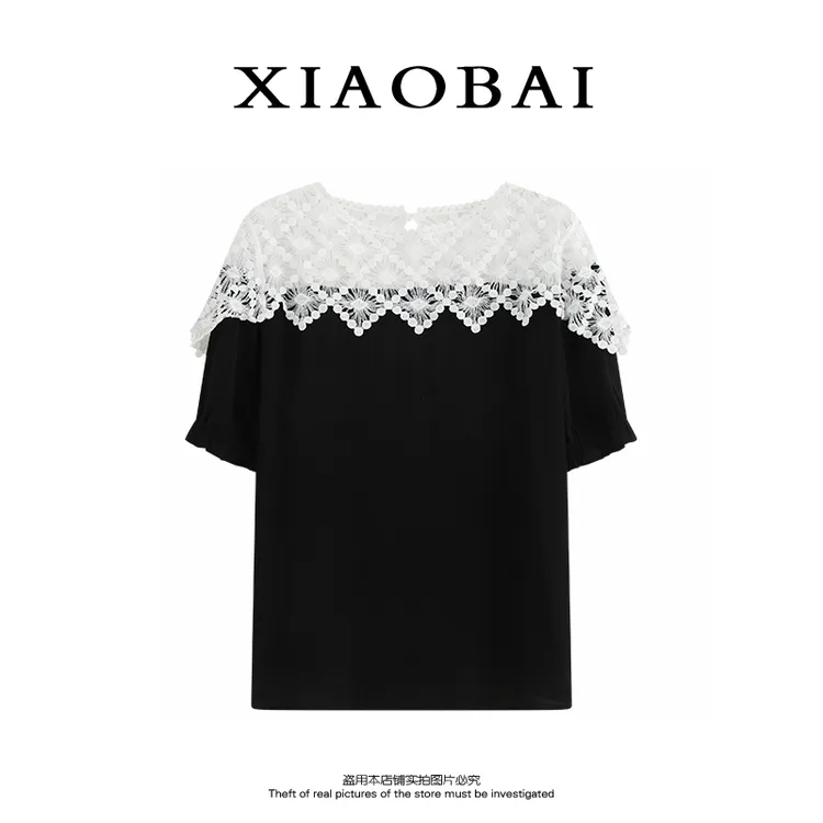 XIAOBAI 黑色蕾丝一字肩短袖夏季时尚洋气拼接T恤气质知性风上衣