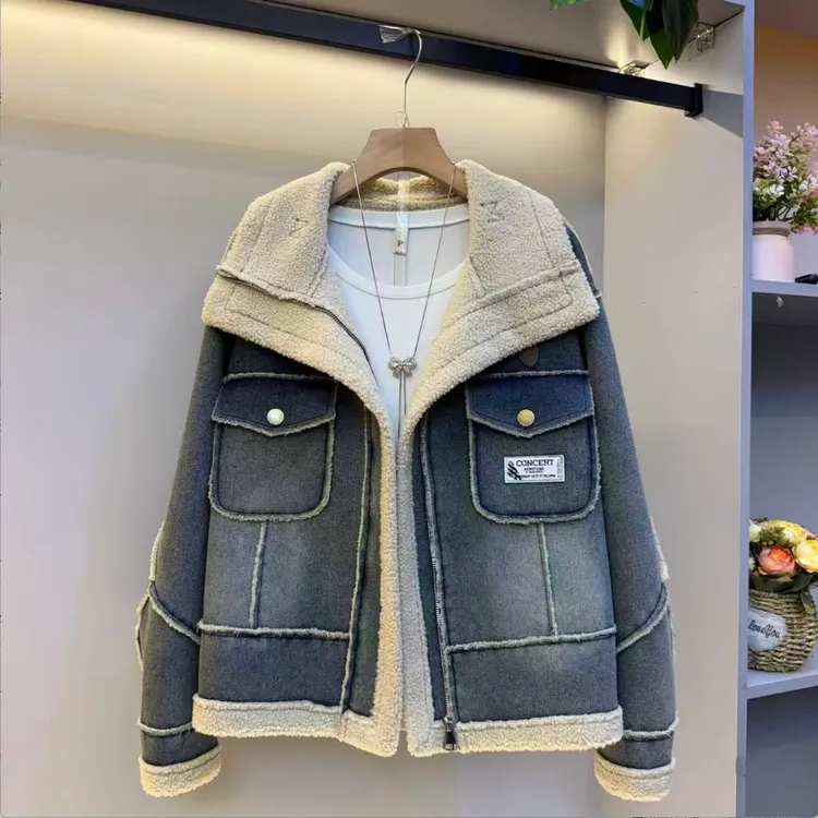 大码新款时尚高品质牛仔拼接加厚加绒休闲百搭外套（不含打底）