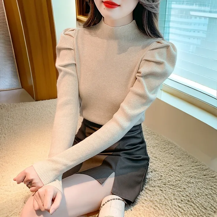 品牌BRANG半高领毛衣女针织衫打底衫内搭时尚泡泡袖洋气长袖上衣