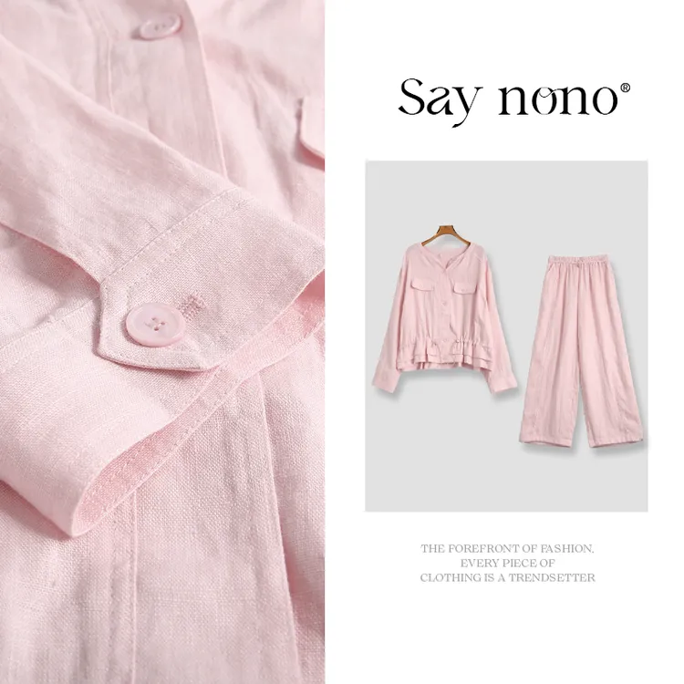 懒猫nono│Saynono 全亚麻衬衫上衣+休闲裤套装/ZC9772