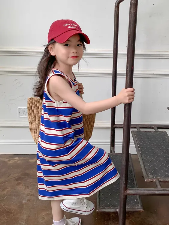 夏季休闲风背心裙女童条纹连衣裙夏装国潮新风国风韩版洋气中长款