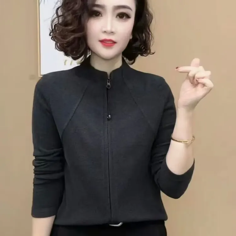 2025新品女士打底衫洋气时尚百搭气质拉链开衫长袖减龄气质女上衣