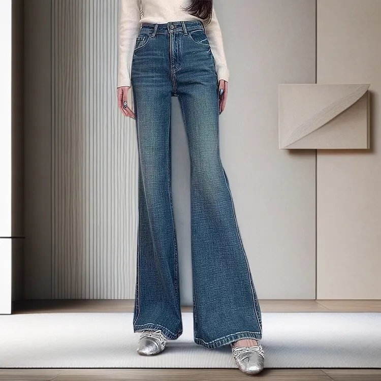 复古微喇牛仔裤女2025年秋季新款高腰显瘦梨形身材大码弹力喇叭裤