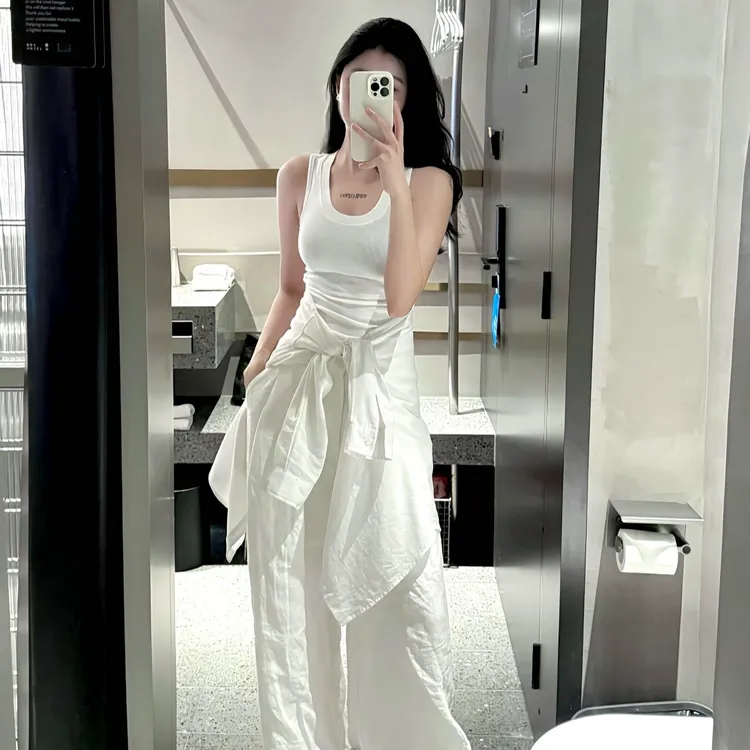 韩系慵懒风套装女2025夏季防晒长袖衬衫白色背心阔腿裤休闲三件套