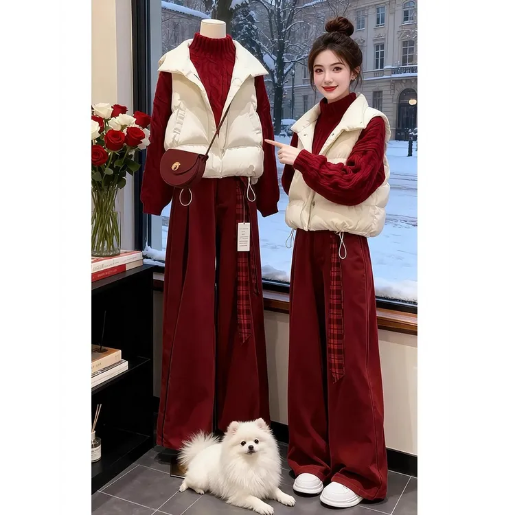 冬季穿搭套装女红色氛围感宽松针织毛衣马甲阔腿裤三件套保暖休闲
