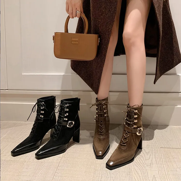 海洋女鞋2024秋冬真皮短筒女靴子网红百搭粗跟短靴尖头高跟瘦瘦靴