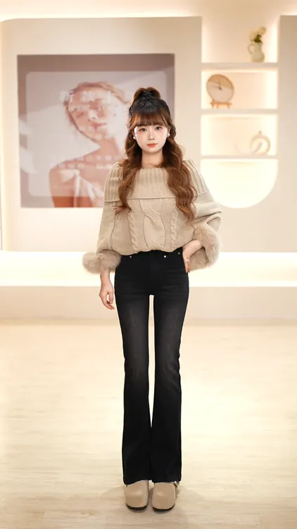 灿灿私服【烟雨黑2.0】秋冬新款黑色高腰高弹设计师百搭微喇裤