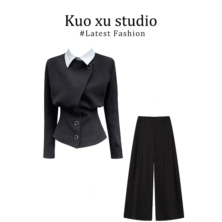 御姐风假两件毛呢外套女秋季新款设计感收腰显瘦上衣直筒休闲裤