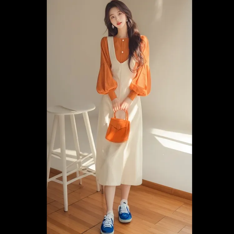 韩系风格穿搭一整套名媛气质千金风橘色衬衫裙2025超火两件套春装