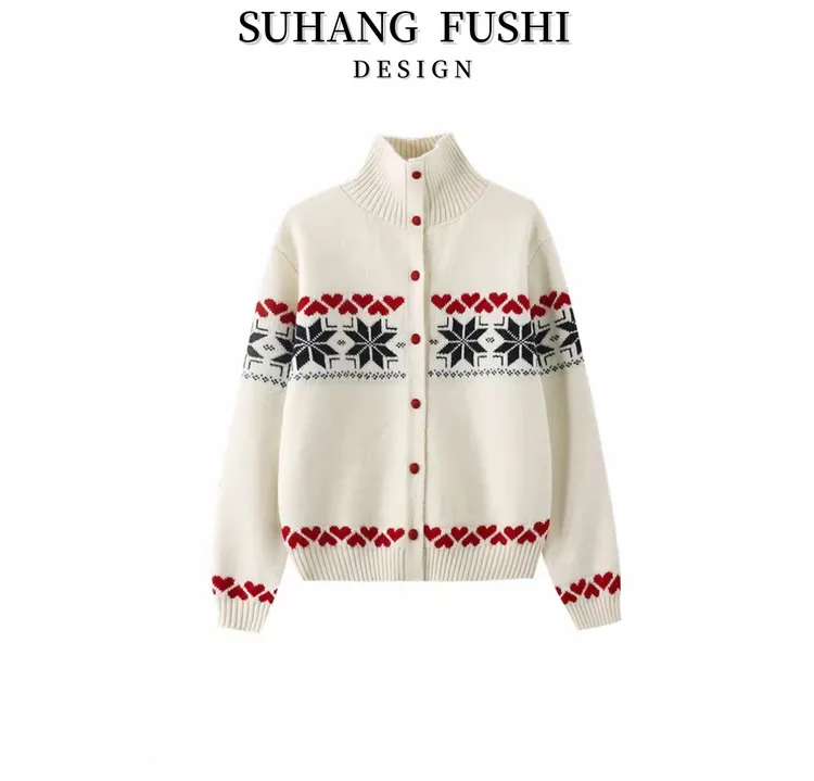 【红扣费尔岛】高级感费尔岛提花灰色高领毛衣秋冬新款别致开衫