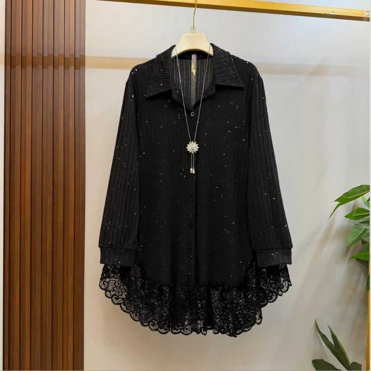 秋冬新款时尚洋气polo领亮闪闪设计蕾丝拼接显瘦衬衫