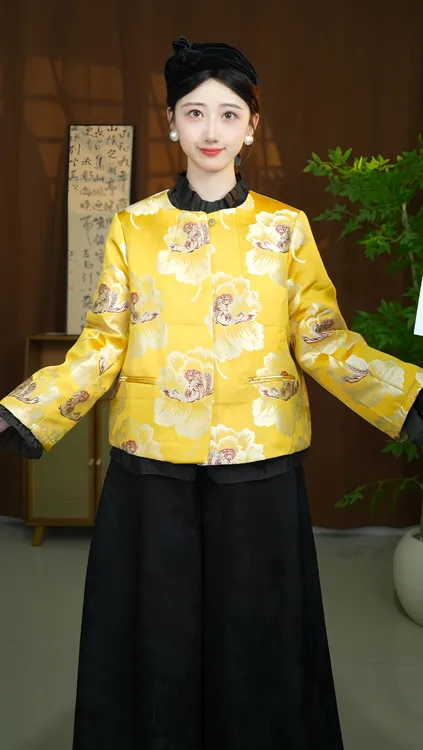 【金缎牡丹】宽松型冬季棉服外套桑蚕丝加厚款高级感绣花复古中国风