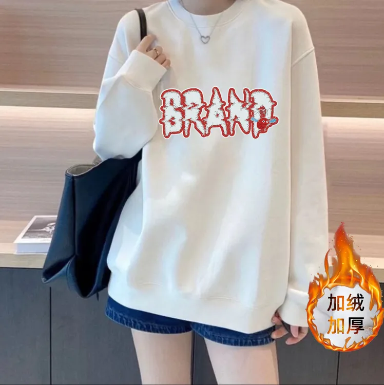 加绒加厚男女情侣款青春设计感情侣INS圆领卫衣-红豆字母