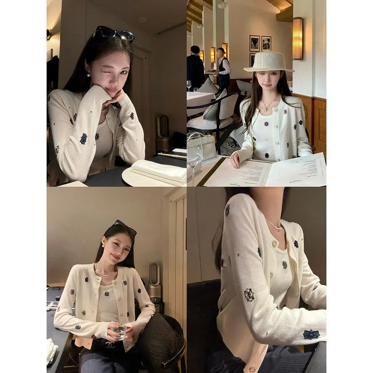 MARIE.COCO纯欲慵懒风刺绣毛衣开衫修身内搭背心上衣女早秋季套装