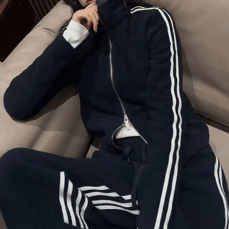 运动慵懒加绒条纹套装女秋冬新款双拉链立领卫衣外套阔腿裤两件套
