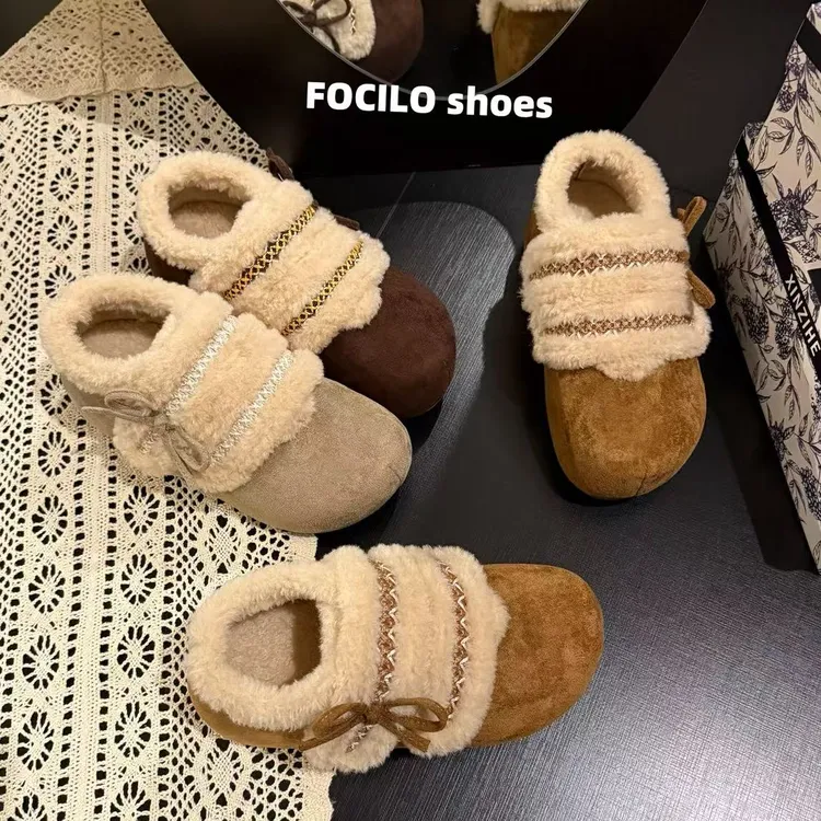 2025冬季网红外穿毛毛棉鞋厚底韩版勃肯鞋加绒魔术贴刺绣保暖单鞋