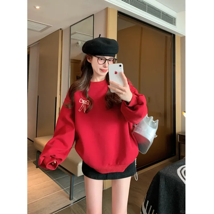 设计感涂鸦印花无帽长袖卫衣宽松减龄圆领上衣女高腰显瘦半身短裙