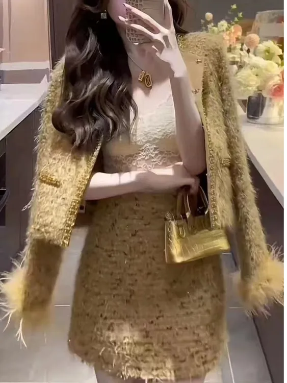 富家千金风套装秋冬时尚新款轻奢高级气质名媛外套半身短裙两件套