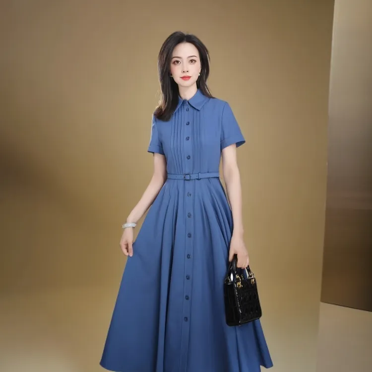 哥弟早秋法式赫本风修身显瘦优雅收腰翻领女士长款连衣裙 1500449