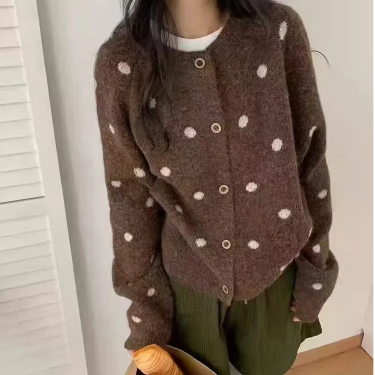 2025新款秋冬宽松休闲慵懒风针织衫波点圆领纽扣女式毛衣外套