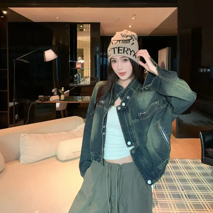 美式复古设计感立领牛仔外套重工机车宽松短外套设计款2232