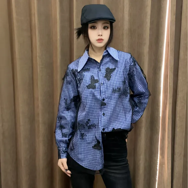 高级感个性女装2025年春季新款翻领格子单排扣网纱蝴蝶双层衬衫