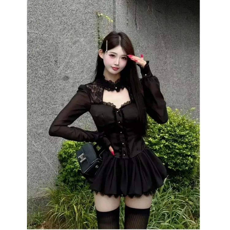 法式时尚洋气轻熟风套装秋季新款蕾丝花边上衣黑色半身裙两件套女